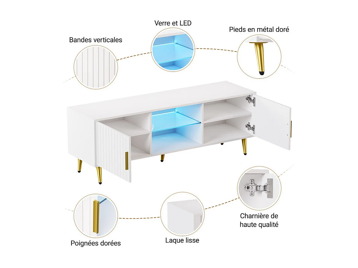 Meuble TV avec LED, 2 portes et 2 niches, pieds en métal doré, Blanc, 140x40x48cm
