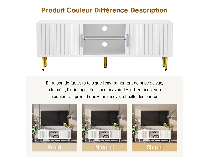 Meuble TV avec LED, 2 portes et 2 niches, pieds en métal doré, Blanc, 140x40x48cm