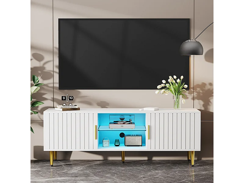 Meuble TV avec LED, 2 portes et 2 niches, pieds en métal doré, Blanc, 140x40x48cm