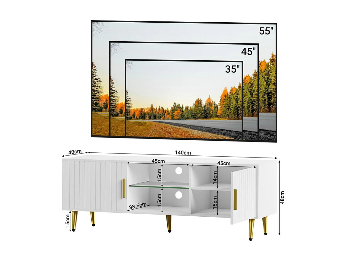 Meuble TV avec LED, 2 portes et 2 niches, pieds en métal doré, Blanc, 140x40x48cm