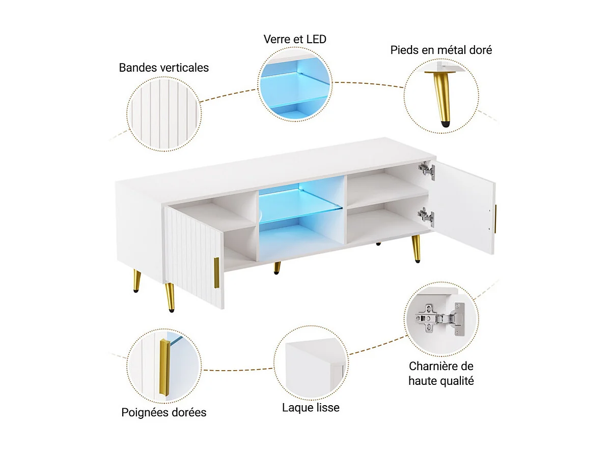 Meuble TV avec LED, 2 portes et 2 niches, pieds en métal doré, Blanc, 140x40x48cm