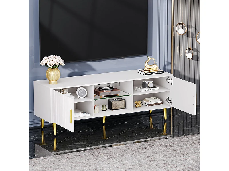 Meuble TV avec LED, 2 portes et 2 niches, pieds en métal doré, Blanc, 140x40x48cm