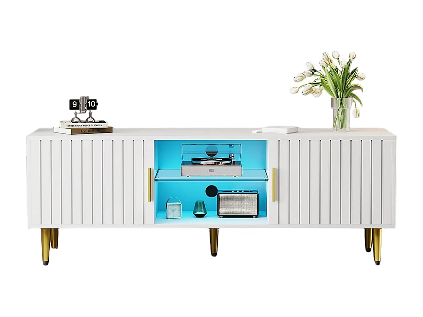 Meuble TV avec LED, 2 portes et 2 niches, pieds en métal doré, Blanc, 140x40x48cm