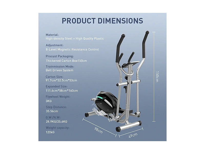 Vélo elliptique pour la Maison, crosstrainer shox avec écran LCD, 8 Niveaux Résistance, Max 120 kg, 98x49x150cm