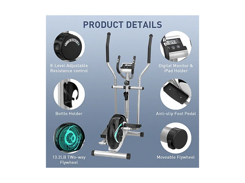 Vélo elliptique pour la Maison, crosstrainer shox avec écran LCD, 8 Niveaux Résistance, Max 120 kg, 98x49x150cm