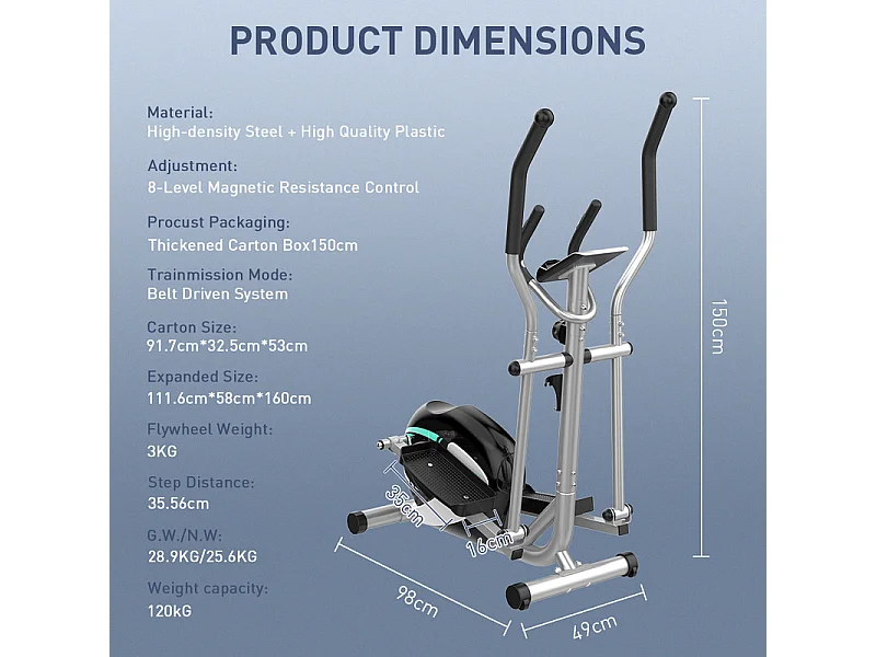 Vélo elliptique pour la Maison, crosstrainer shox avec écran LCD, 8 Niveaux Résistance, Max 120 kg, 98x49x150cm