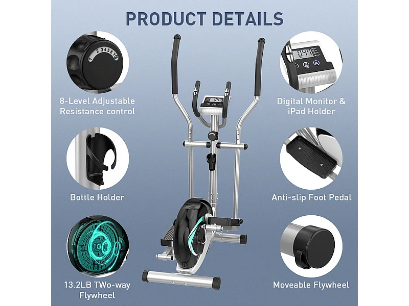 Vélo elliptique pour la Maison, crosstrainer shox avec écran LCD, 8 Niveaux Résistance, Max 120 kg, 98x49x150cm