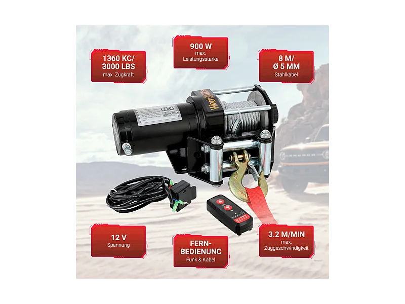 Elektrische Winde 1360 kg - 12 V 900W - mit Funkfernbedienung - Stahlseil Φ0,5 x 800 cm - zum Abschleppen