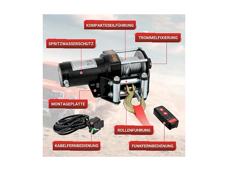 Guincho elétrico 1360 kg - 12 V 900W - com telecomando sem fios - cabo de aço Φ0,5 x 800 cm - para reboque