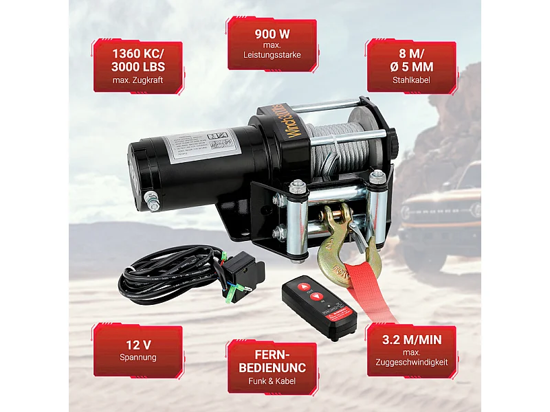 Elektrische lier 1360 kg - 12 V 900W - met draadloze afstandsbediening - stalen kabel Φ0,5 x 800 cm - voor takelen