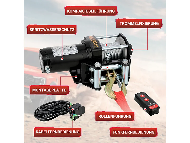 Elektrische lier 1360 kg - 12 V 900W - met draadloze afstandsbediening - stalen kabel Φ0,5 x 800 cm - voor takelen