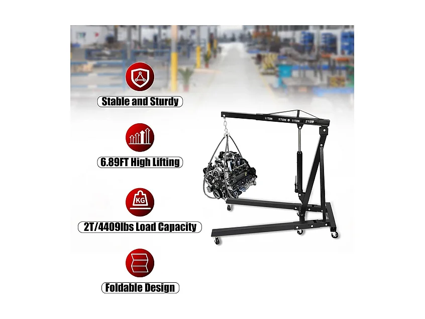 Grue d’atelier – charge max 2000 kg – levage 0-1830 mm - Hydraulique - Pliable - avec 6 roues pivotantes -  165x99x150CM