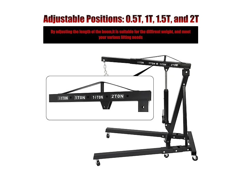 Grue d’atelier – charge max 2000 kg – levage 0-1830 mm - Hydraulique - Pliable - avec 6 roues pivotantes -  165x99x150CM