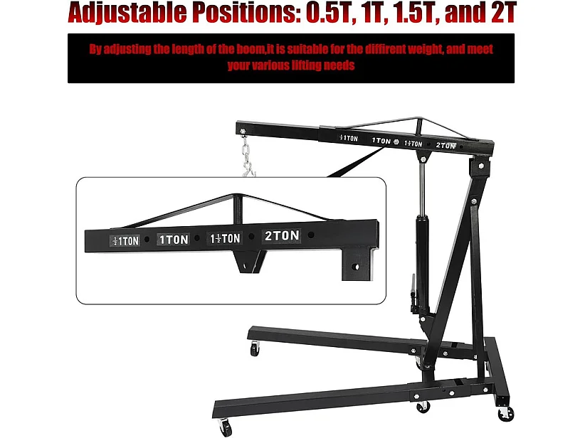 Grue d’atelier – charge max 2000 kg – levage 0-1830 mm - Hydraulique - Pliable - avec 6 roues pivotantes -  165x99x150CM