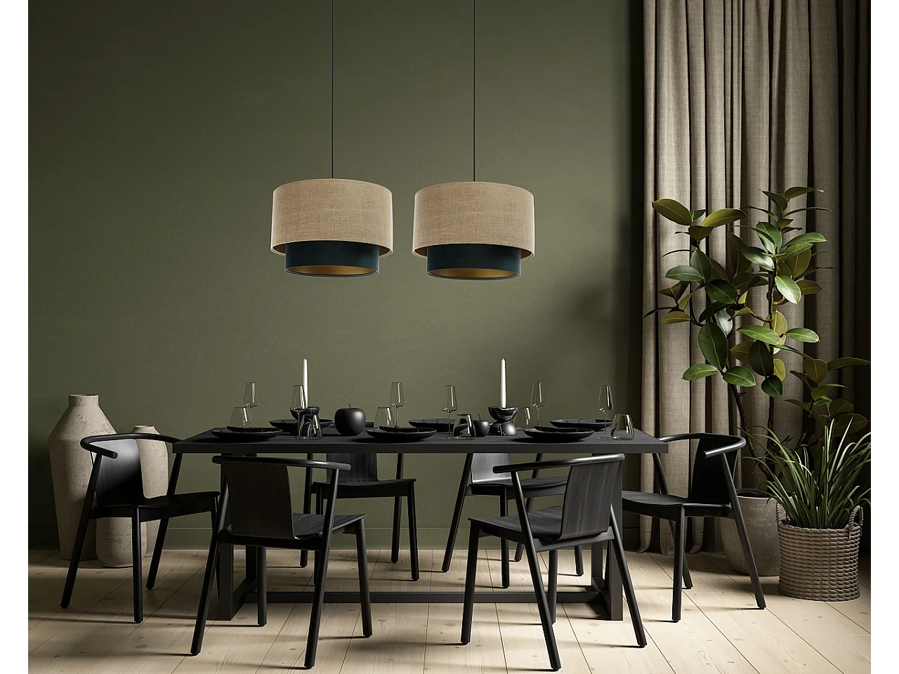 Suspension Duo Boho Jute Naturel, Velours vert