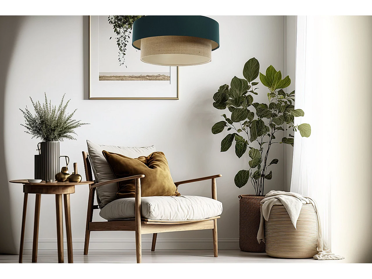 Suspension Duo Boho Jute Naturel, Satin vert