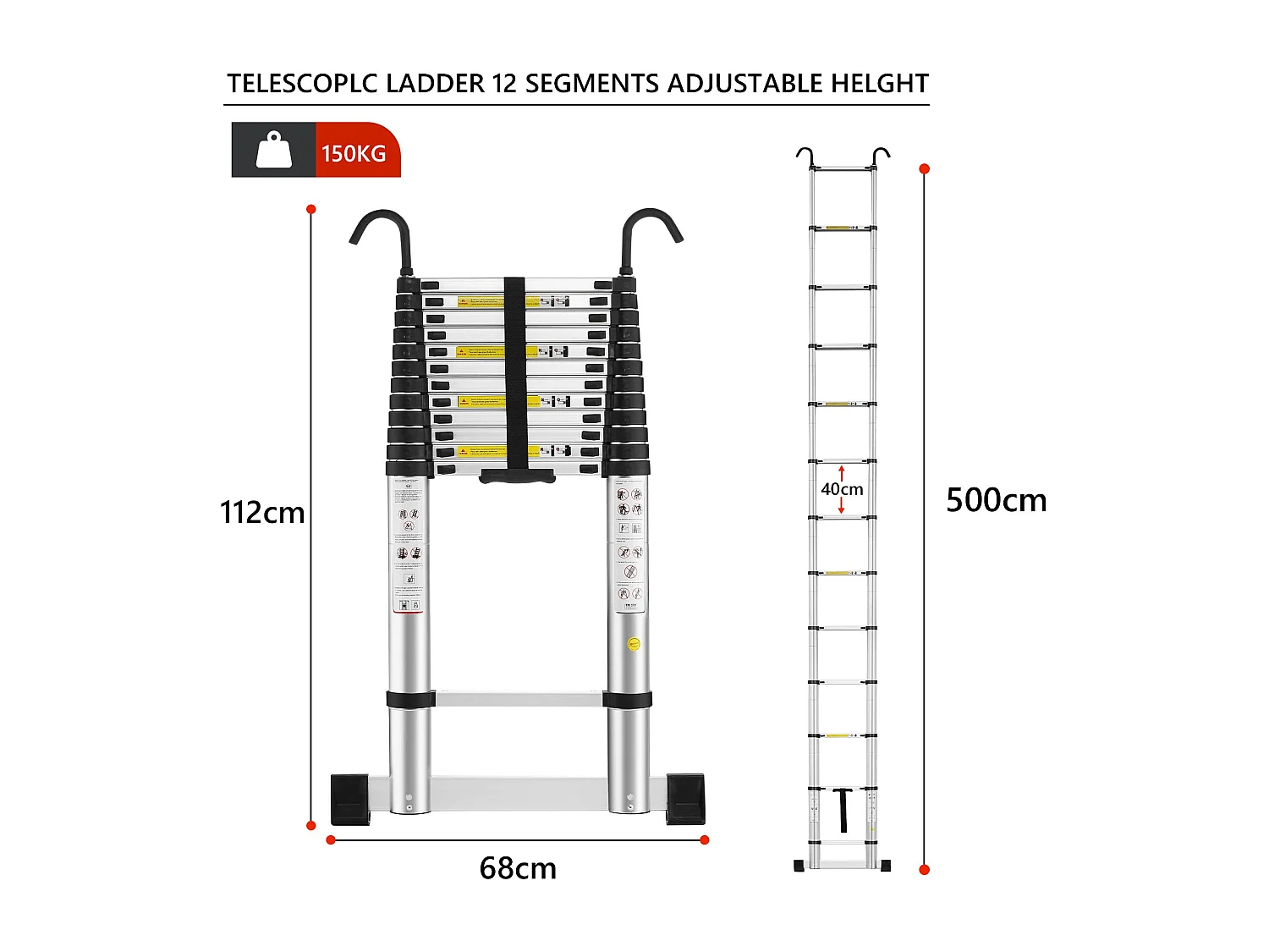 Échelle télescopique en aluminium argentée 5 m, charge max. 150 kg