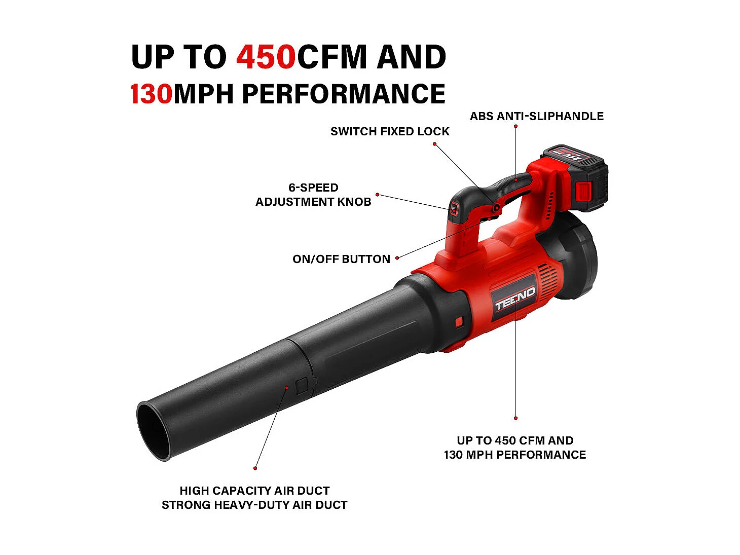 Souffleur de feuilles électrique, 6 modes de vitesse, 450 cfm/130 mph