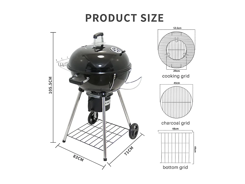 Ronde Barbecue Charbon de Bois 57 cm avec Couvercle, Idéal pour 4 à 12 Personnes