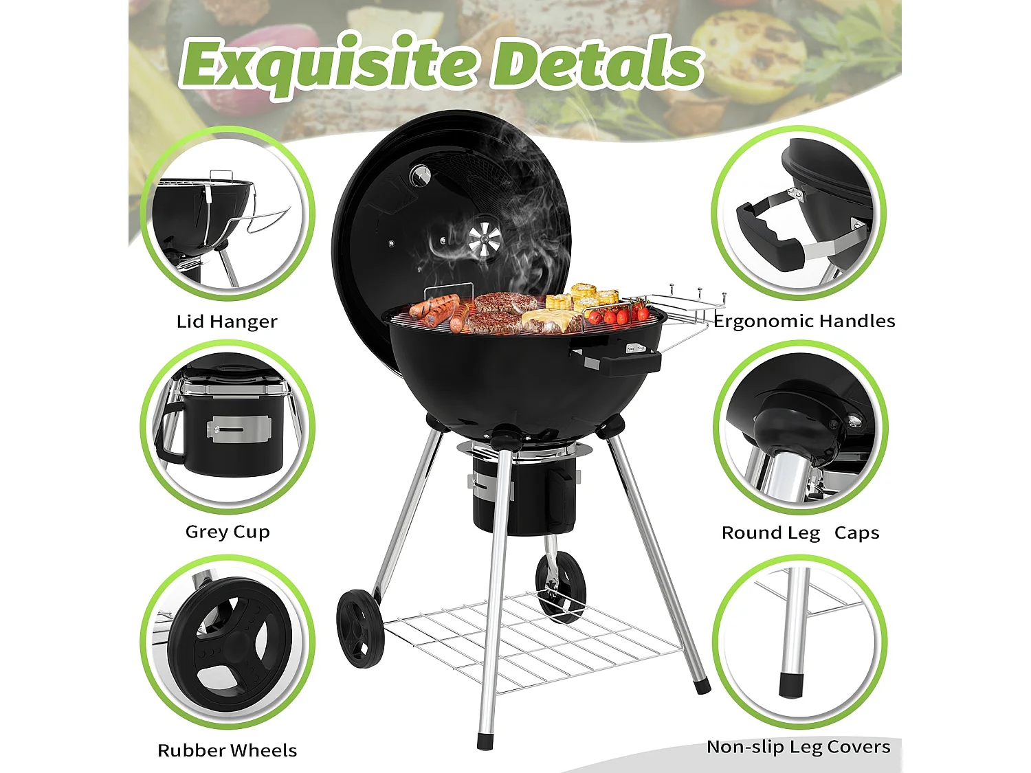 Ronde Barbecue Charbon de Bois 57 cm avec Couvercle, Idéal pour 4 à 12 Personnes