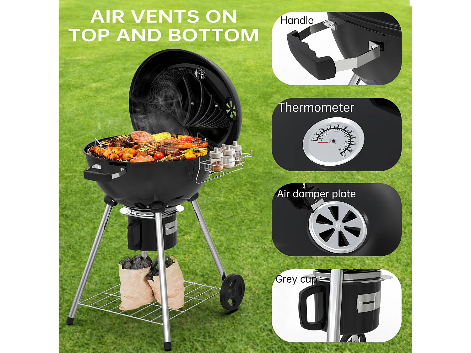 Ronde Barbecue Charbon de Bois 57 cm avec Couvercle, Idéal pour 4 à 12 Personnes