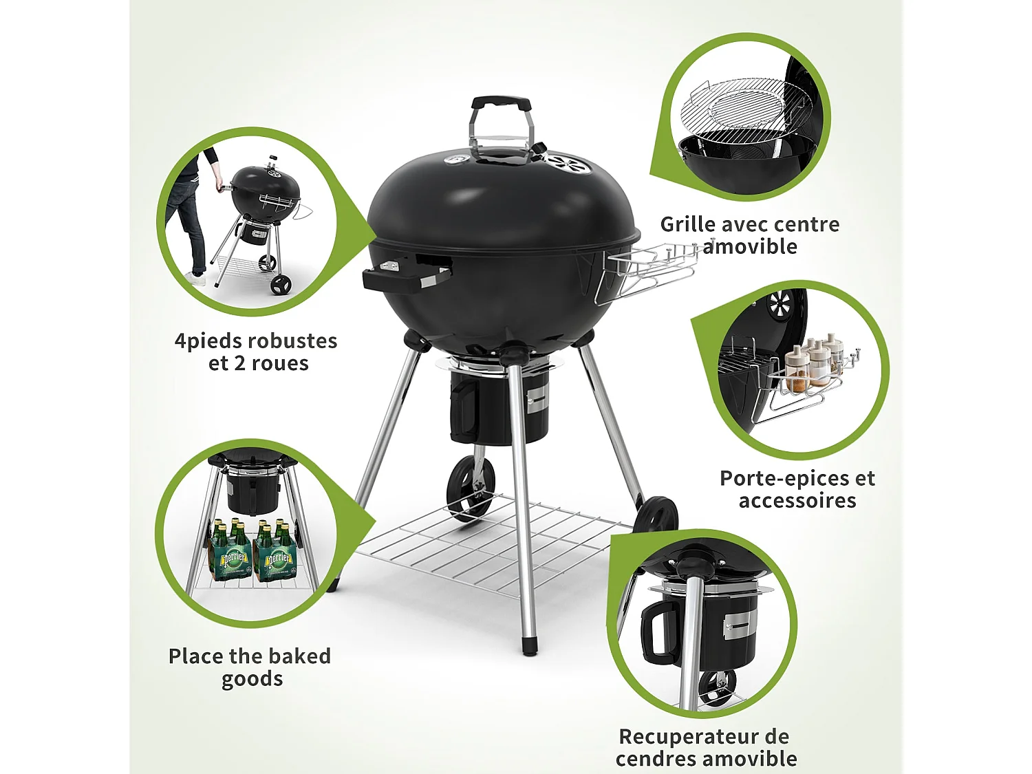 Ronde houtskoolbarbecue 57 cm met deksel, ideaal voor 4 tot 12 personen