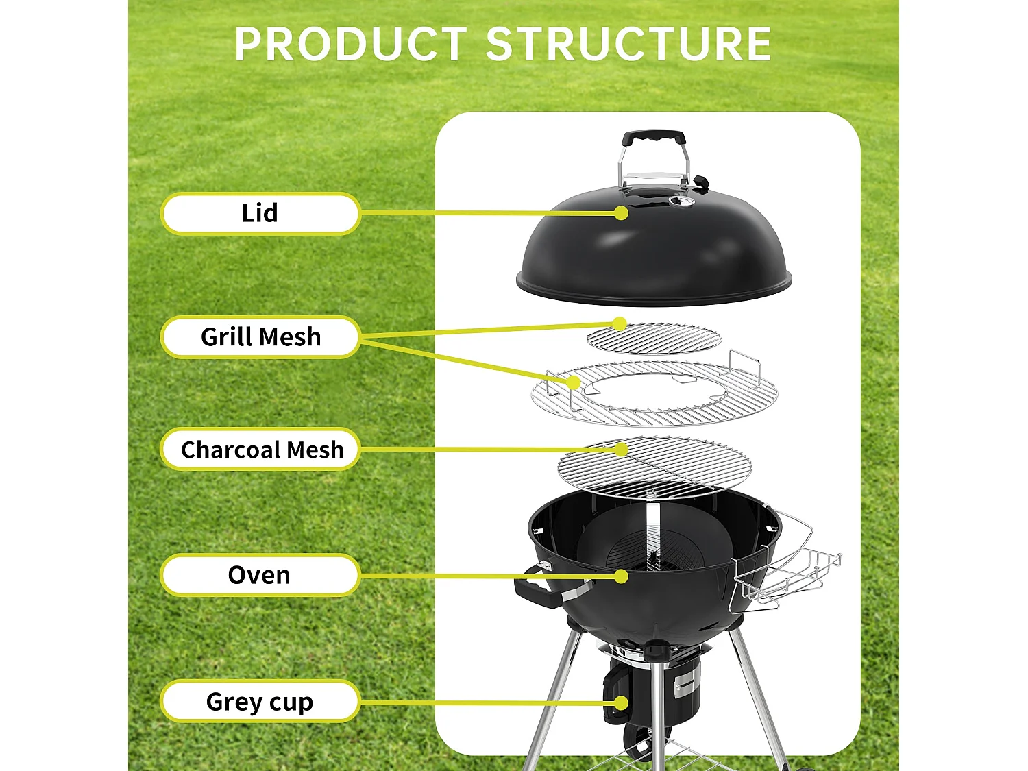 Ronde houtskoolbarbecue 57 cm met deksel, ideaal voor 4 tot 12 personen