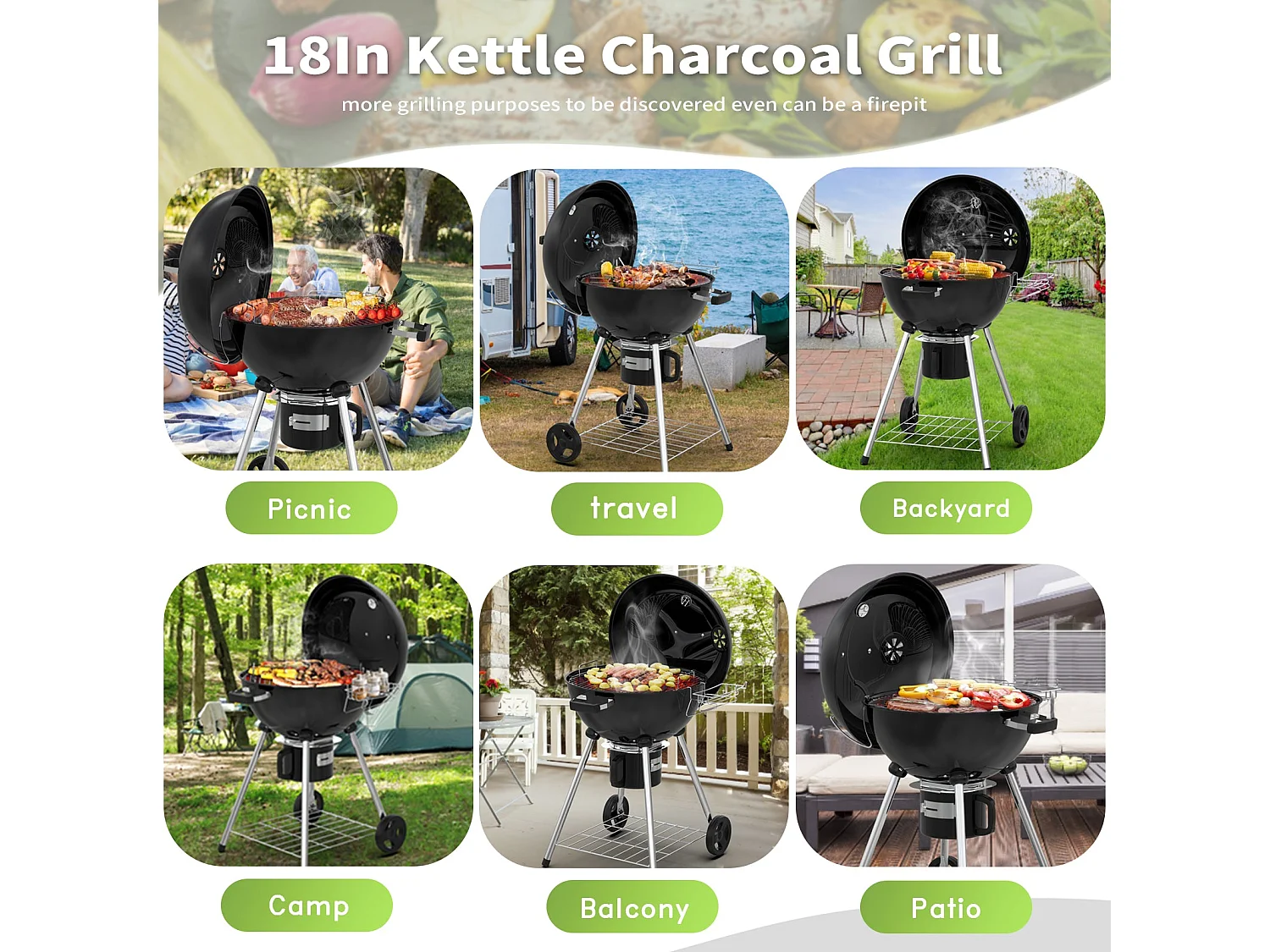 Ronde houtskoolbarbecue 57 cm met deksel, ideaal voor 4 tot 12 personen