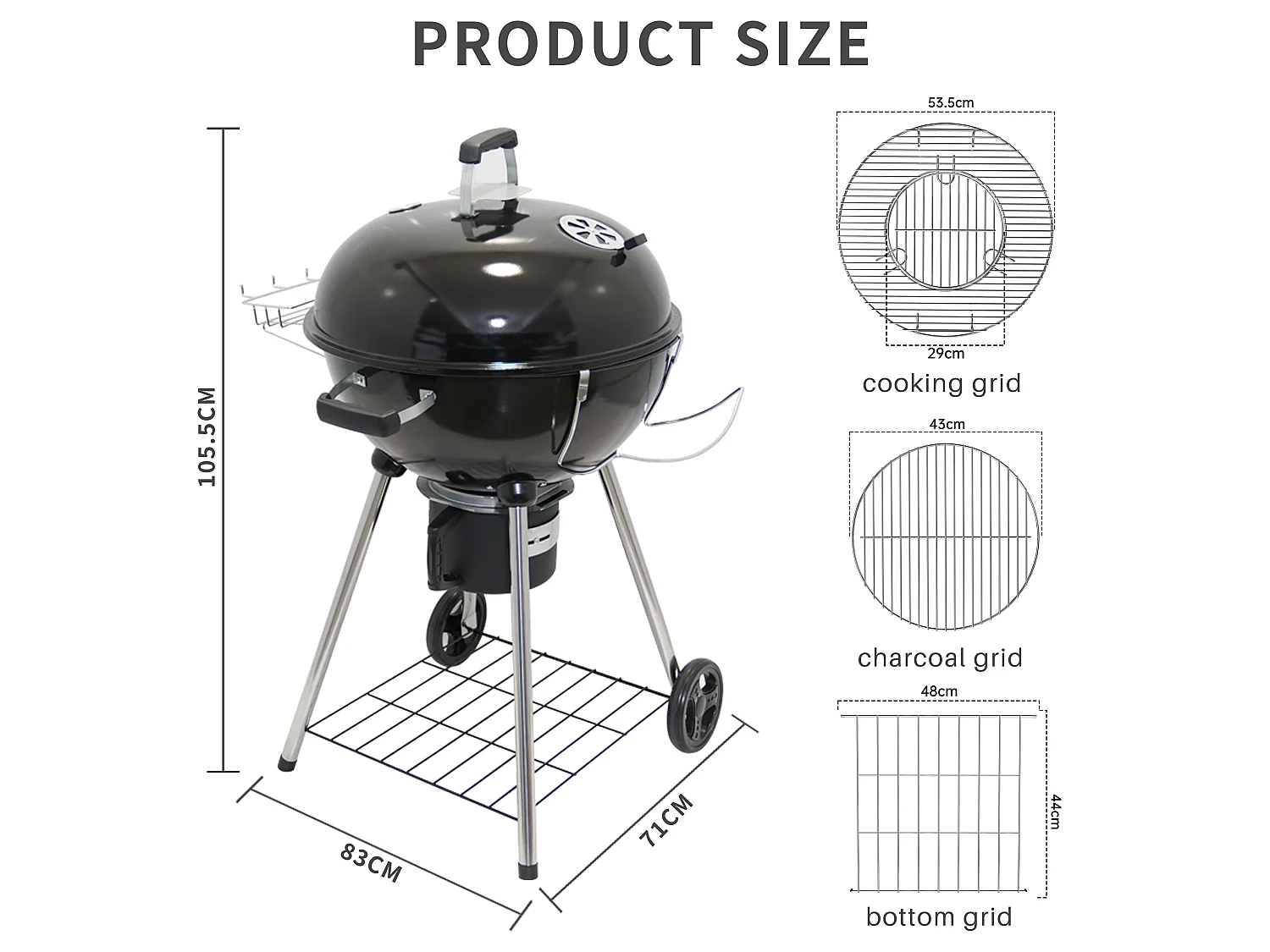 Ronde houtskoolbarbecue 57 cm met deksel, ideaal voor 4 tot 12 personen