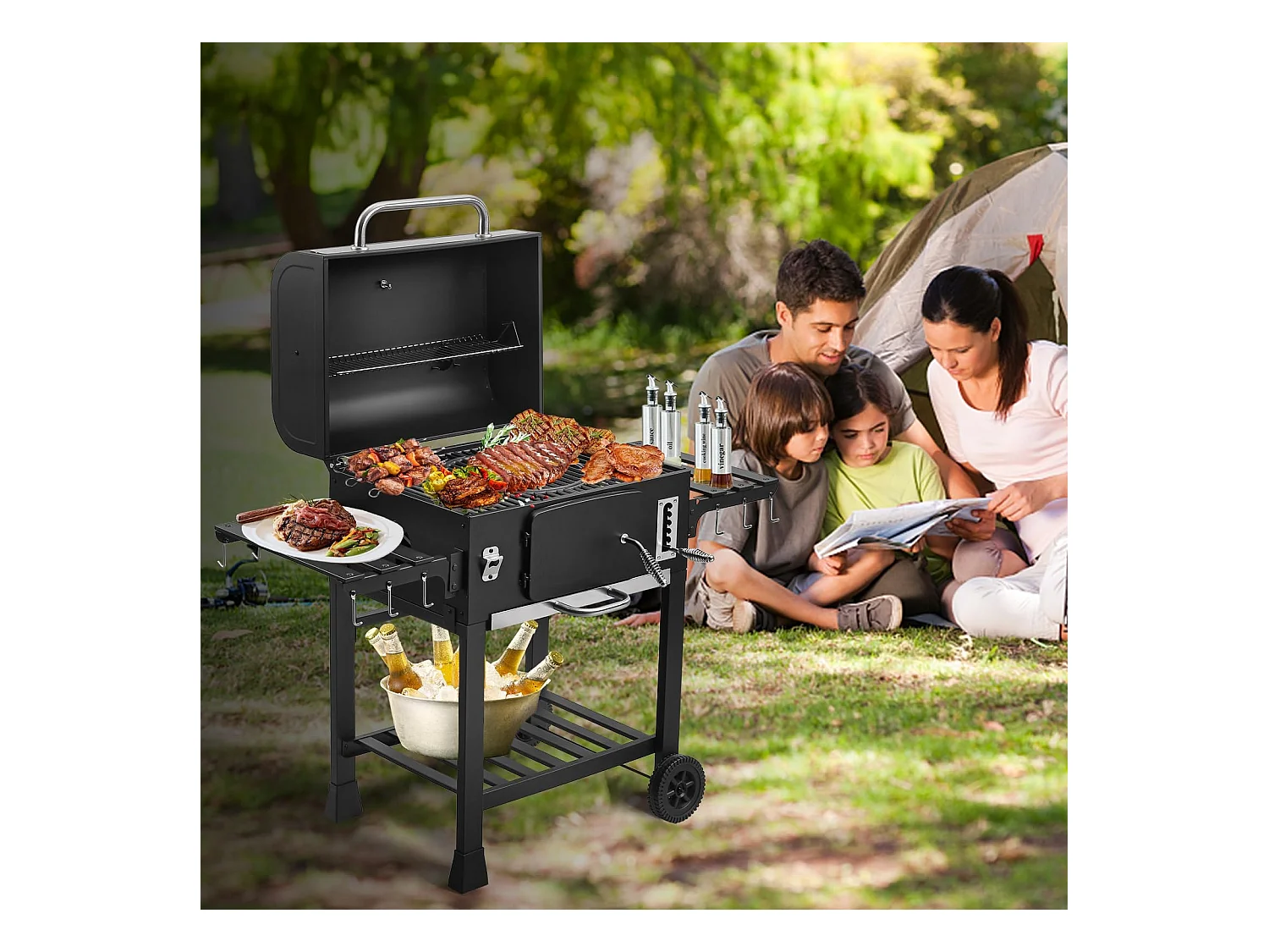 Chariot XXL pour barbecue au charbon de bois, grand fumoir