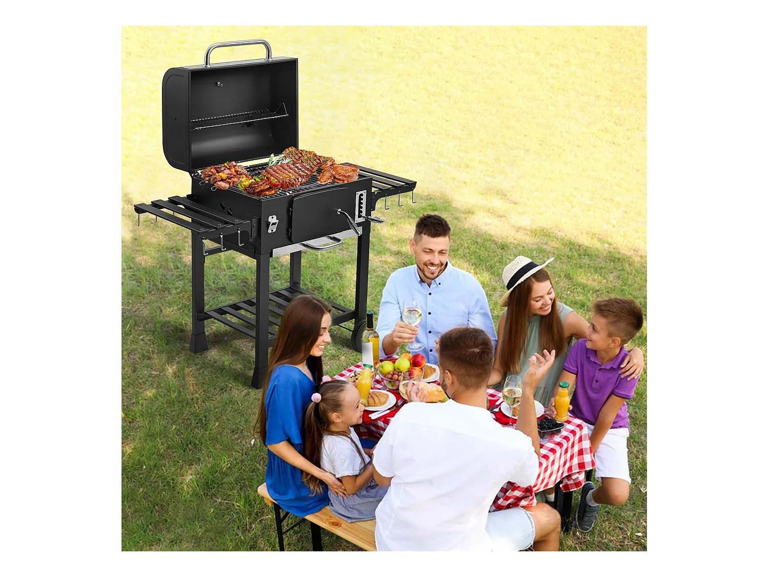 Chariot XXL pour barbecue au charbon de bois, grand fumoir