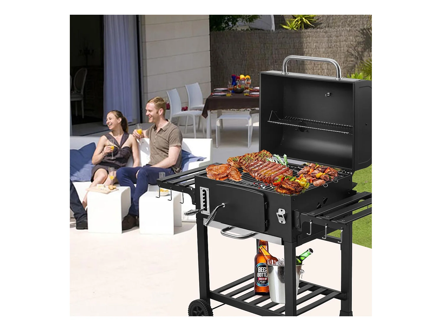 Chariot XXL pour barbecue au charbon de bois, grand fumoir