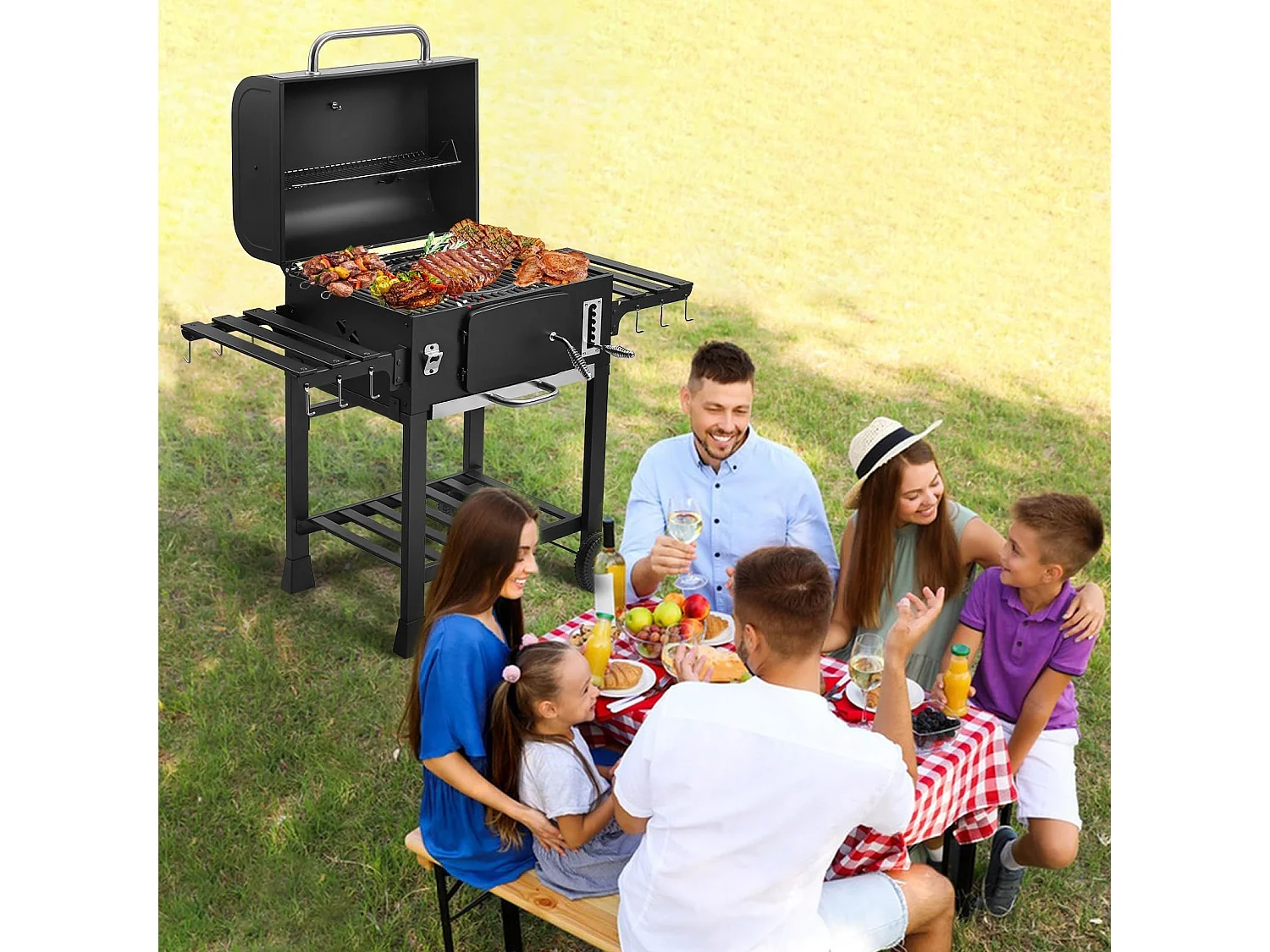 Chariot XXL pour barbecue au charbon de bois, grand fumoir