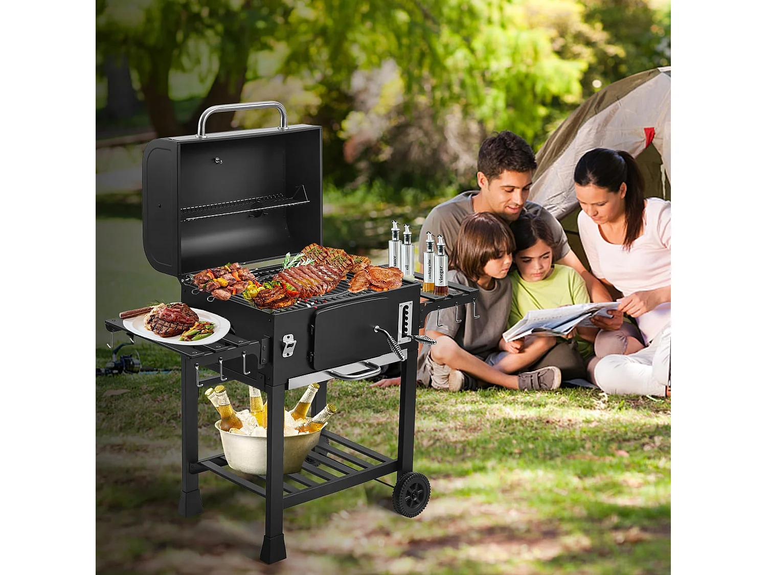 Chariot barbecue au charbon XXL, grand fumoir noir haut de gamme