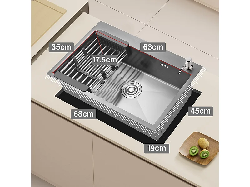 Keuken Enkelvoudige roestvrijstalen spoelbak 68x45x19 cm, met telescopisch afdruiprek, roestvrijstalen zeepdispenser, zwart