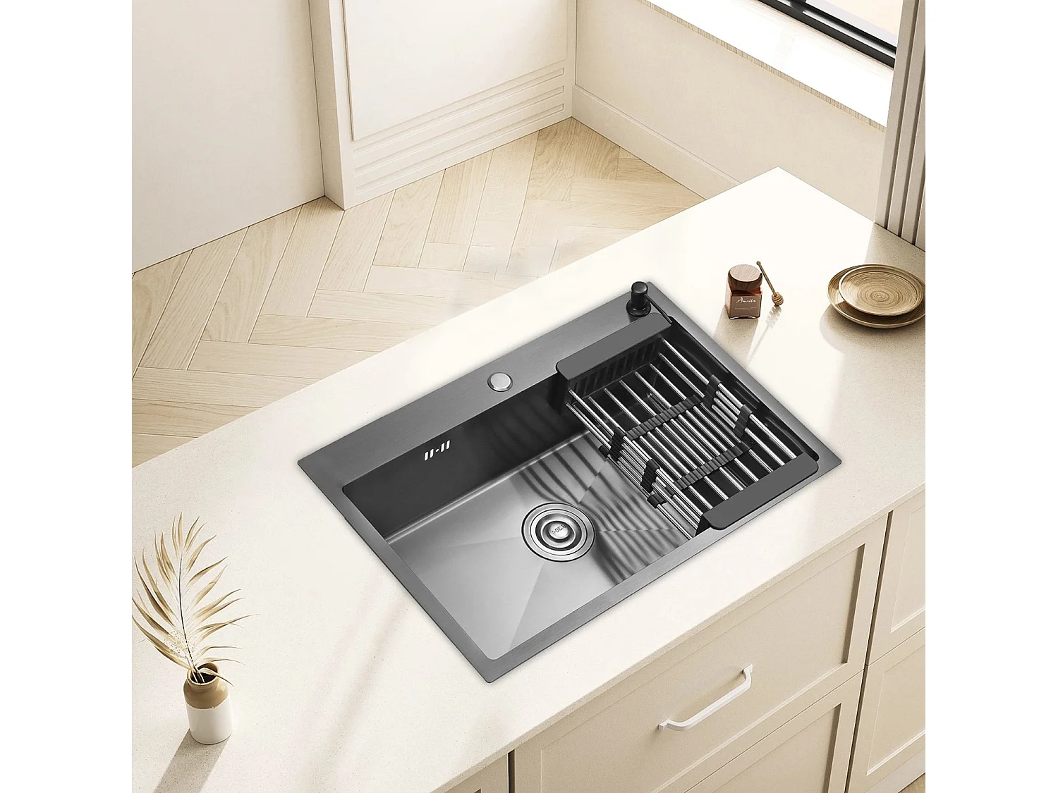 Cuisine Evier Simple en Acier Inoxydable 68x45x19 cm, avec Panier d'égouttage Télescopique, Distributeur de Savon en Acier Inoxydable, Noir