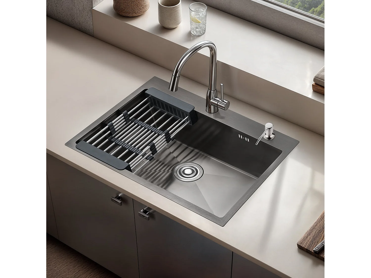 Cuisine Evier Simple en Acier Inoxydable 68x45x19 cm, avec Panier d'égouttage Télescopique, Distributeur de Savon en Acier Inoxydable, Noir