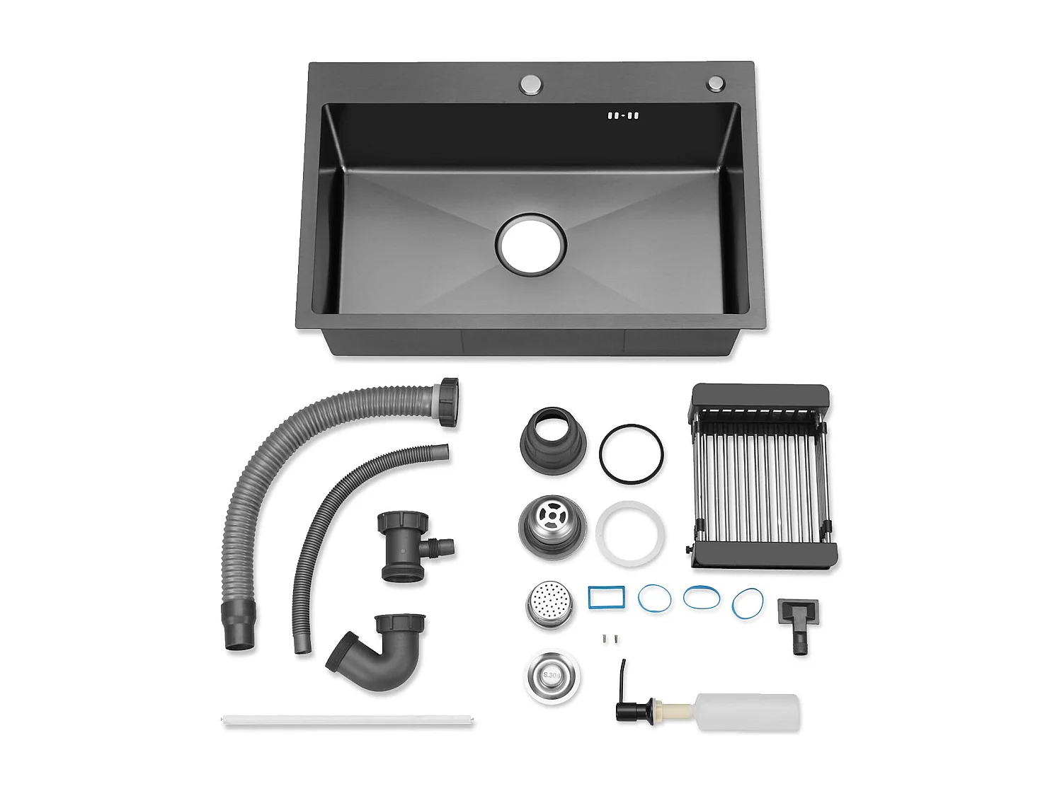 Cuisine Evier Simple en Acier Inoxydable 68x45x19 cm, avec Panier d'égouttage Télescopique, Distributeur de Savon en Acier Inoxydable, Noir