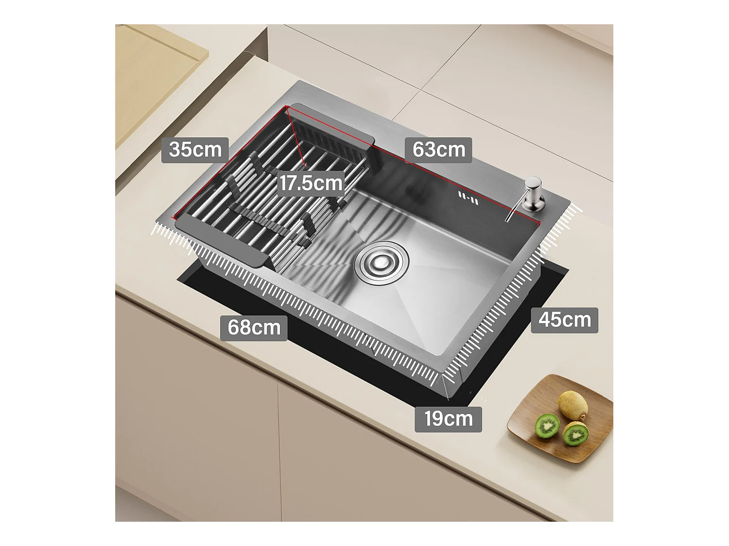 Keuken Enkelvoudige roestvrijstalen spoelbak 68x45x19 cm, met telescopisch afdruiprek, roestvrijstalen zeepdispenser, zwart