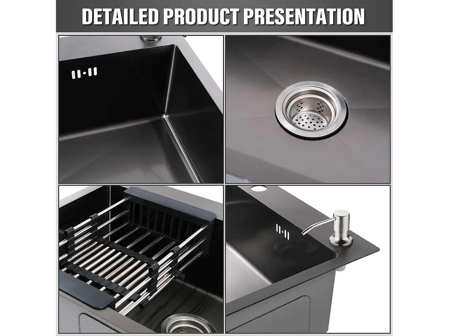 Cuisine Evier Simple en Acier Inoxydable 68x45x19 cm, avec Panier d'égouttage Télescopique, Distributeur de Savon en Acier Inoxydable, Noir