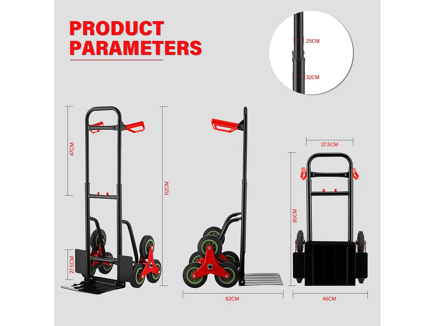 Chariot pliant avec poignée rétractable, capacité de charge garantie de 150 kg