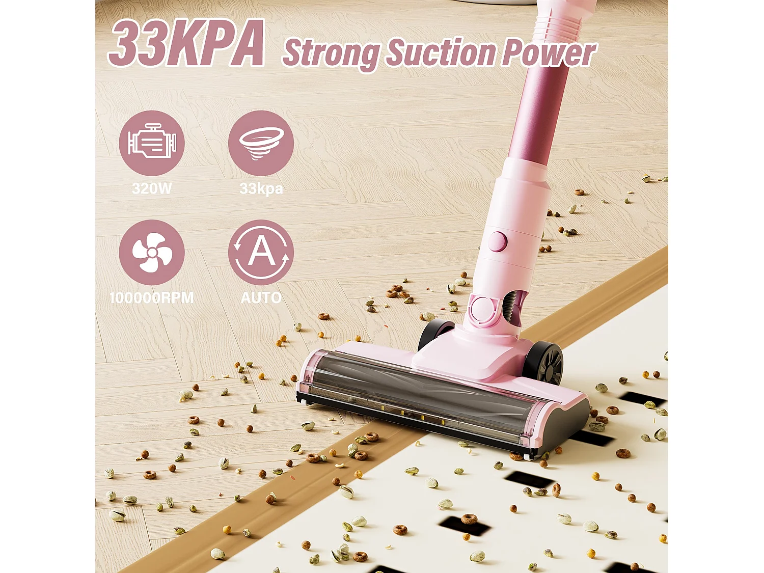 Roze opvouwbare stofzuiger, 33 kPa, 320 watt, oplaadbaar, 2x HEPA-filter