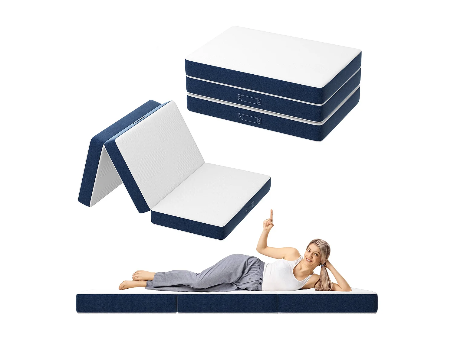 Matelas Pliant Triple 75X195CM, Matelas Polyvalent, 15cm Mousse épaisse, Housse Amovible et Lavable en Machine, Poignée de Transport pour faciliter Le Transport