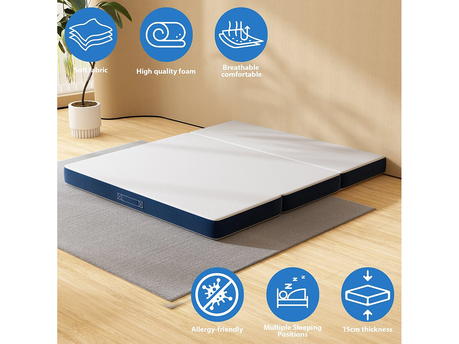 Matelas Pliant Triple 160X195CM, Matelas Polyvalent, 15cm Mousse épaisse, Housse Amovible et Lavable en Machine, Poignée de Transport pour faciliter Le Transport