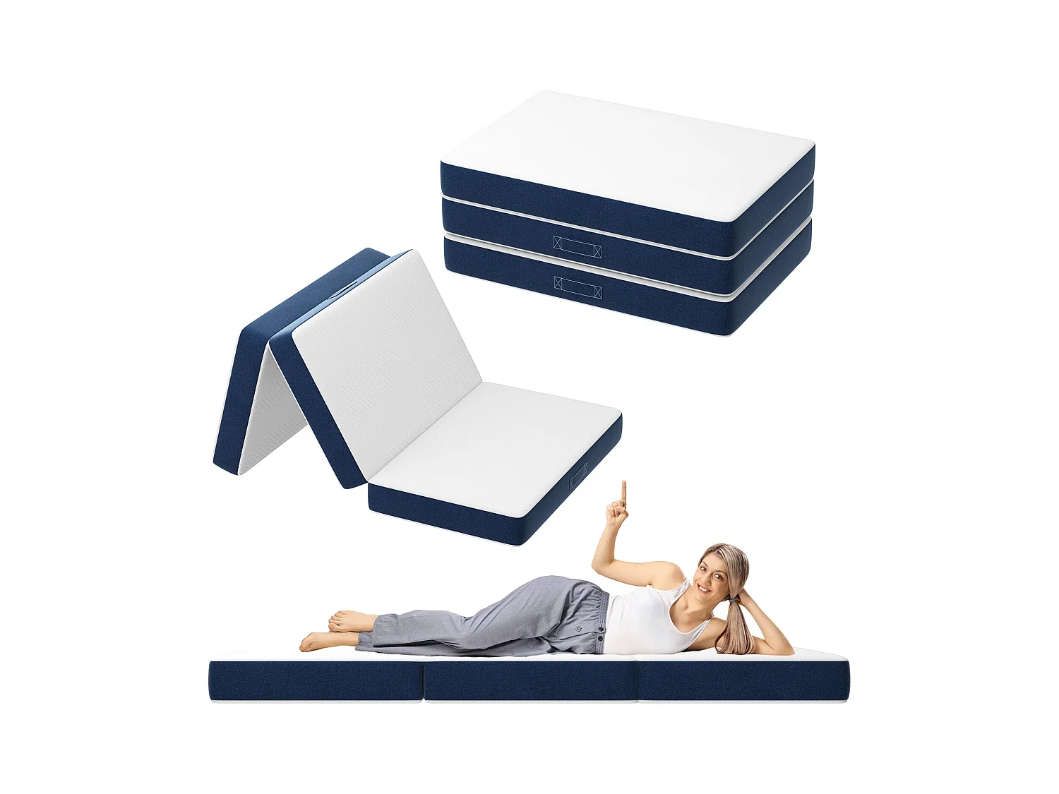 Matelas Pliant Triple 90X200CM, Matelas d'invité Polyvalent, 15cm Mousse épaisse, Housse Amovible et Lavable en Machine, Poignée de Transport