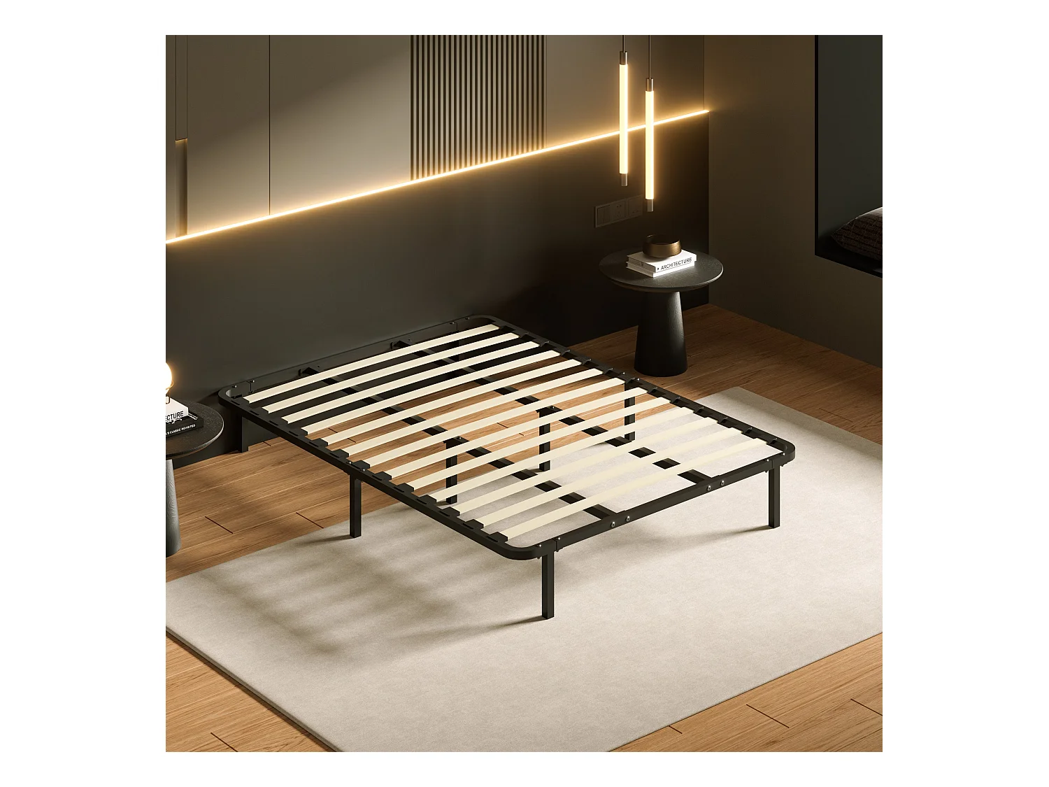 Cadre de lit 140 x 190 cm, hauteur 29 cm (140 × 190), équipé de 8 pieds.