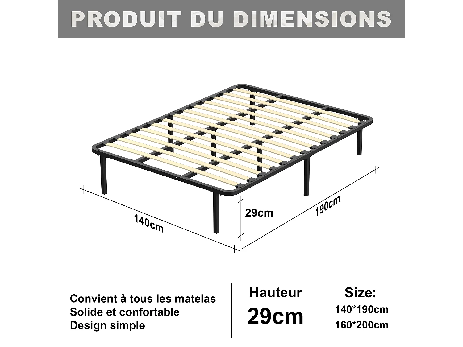 Cadre de lit 140 x 190 cm, hauteur 29 cm (140 × 190), équipé de 8 pieds.