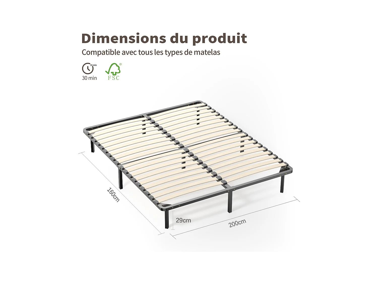 Sommier à lattes 2x18, 160x200 cm, beige, robuste