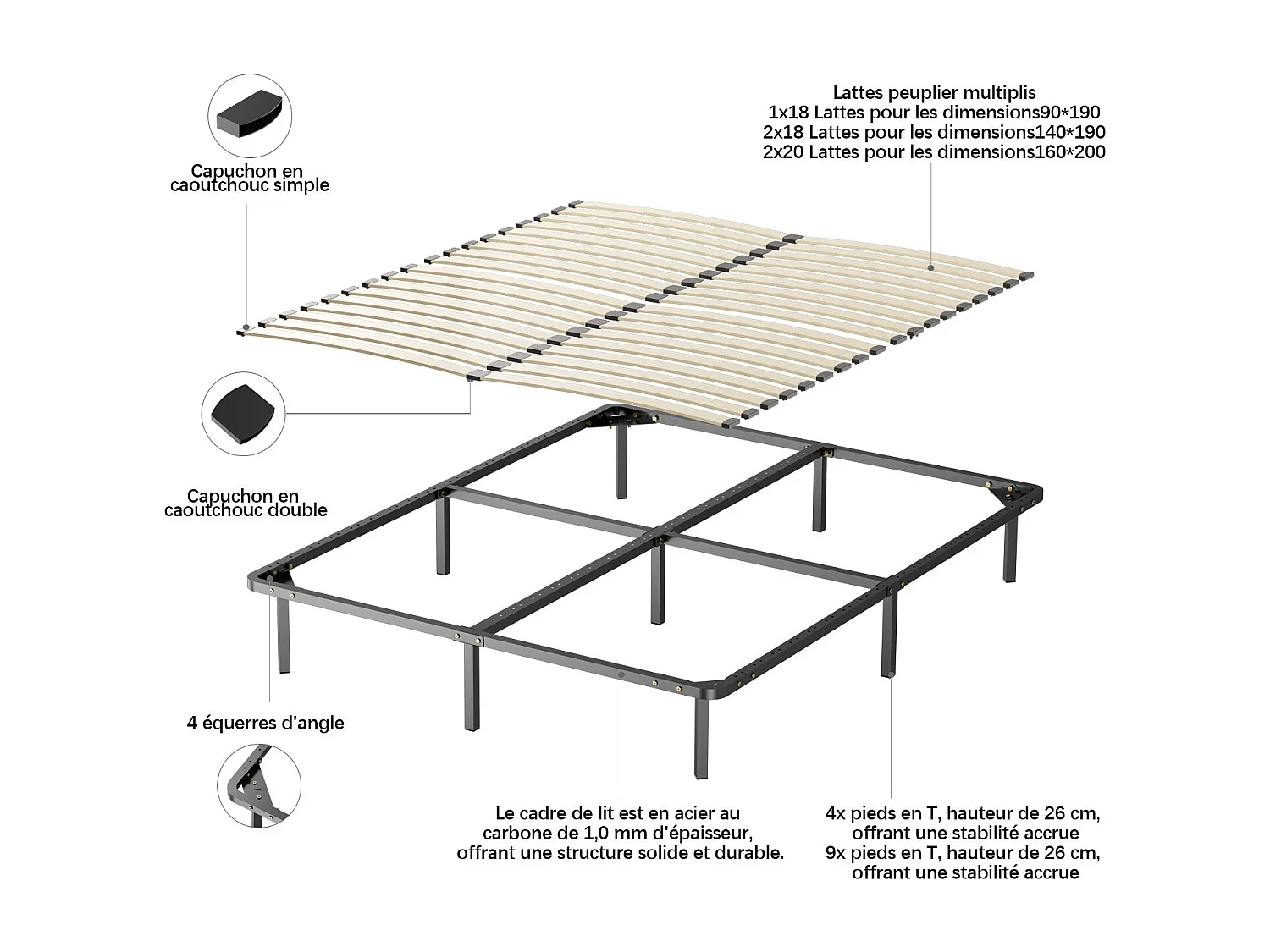 Ensemble Matelas en mousse + Sommier à Lattes 160x200cm, Epaisseur du Matelas 18 cm