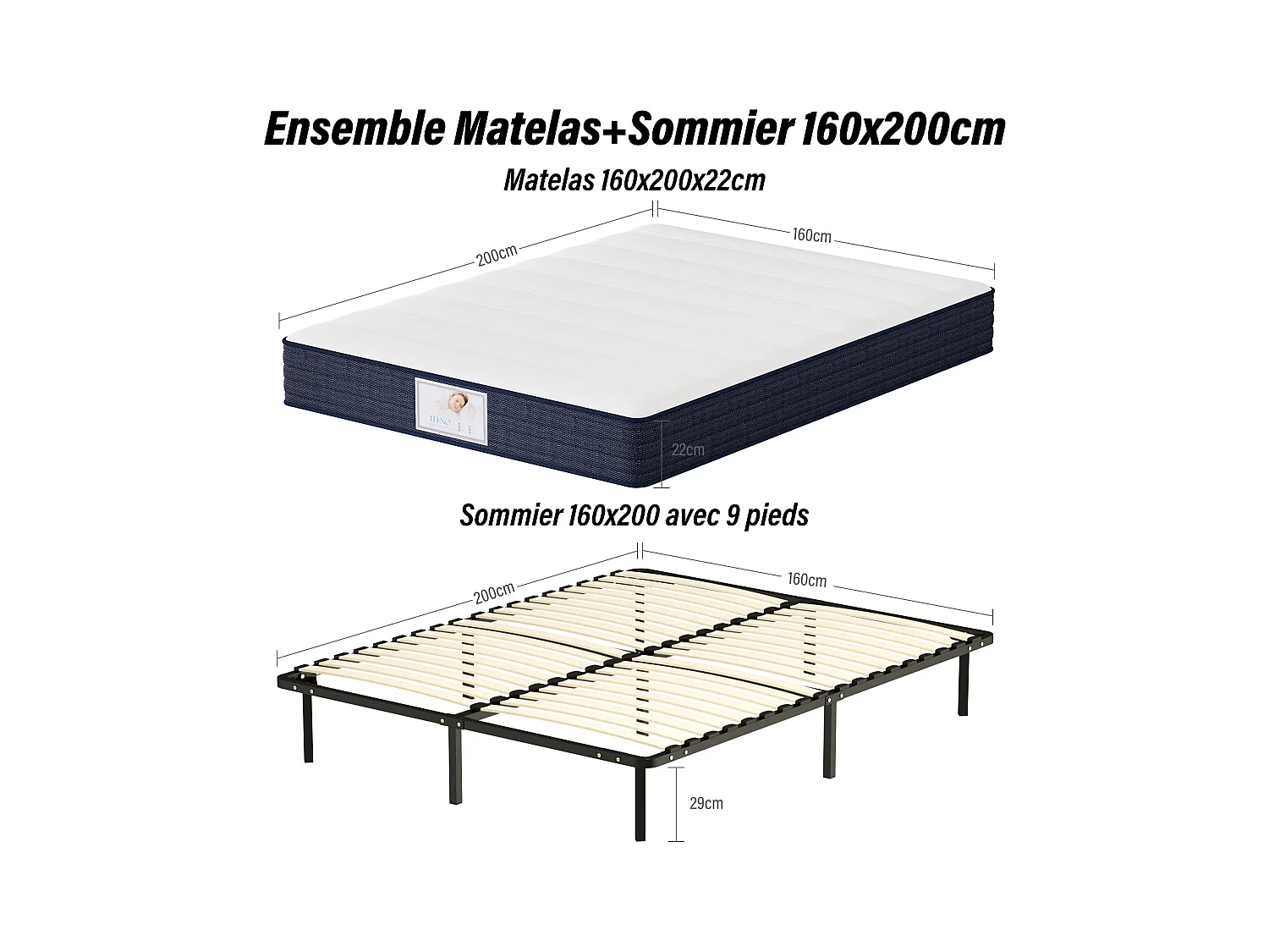 Ensemble Matelas à ressorts +Sommier à Lattes sur Pieds, 160x200cm, Epaisseur du Matelas 22cm
